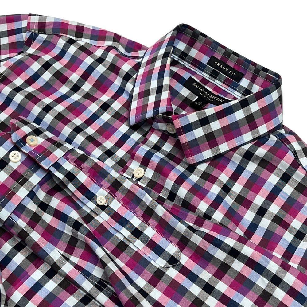 Banana Republic Men's Grant Fit Non Iron Blue Pink Plaid Button Down Shirt Sz M